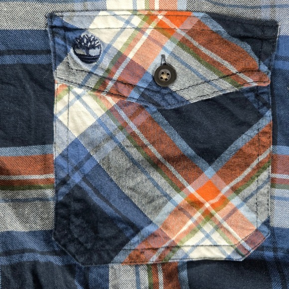 Timberland Mens XXL‎ Flannel Plaid Long Sleeve Shirt Blue Orange Casual Pocket - Picture 6 of 8